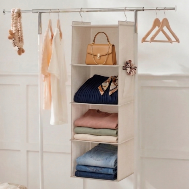 MeoLiving 옷걸이형 접이식 4단 수납선반 의류 정리함, 베이지, 1개