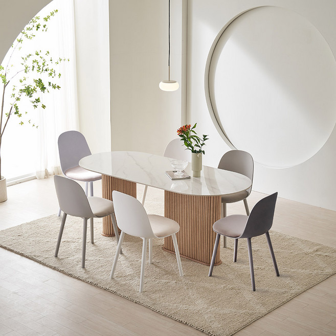 공간사이 테오 1800 세라믹 타원형 템바 6인의자 식탁 세트, 식탁 브라운/의자 아이보리3+그레이3 fo1034