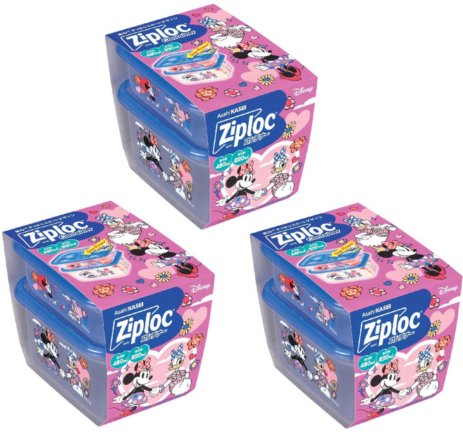 [한정 디자인] Zip Lock 컨테이너 직사각형 480ml & 820ml 각 1개입×3개 세트, 1개