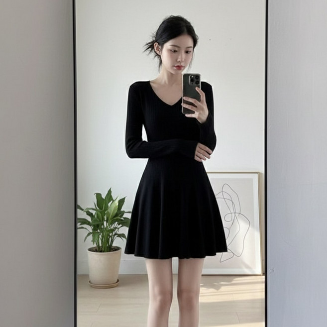 브이넥 슬림핏 골지 플레어 미니원피스 긴팔 하객룩 원피스
