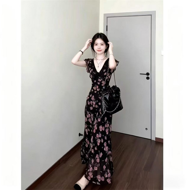 COSYEVNO 여성 봄여름 플로럴 롱 원피스 머메이드 퍼프소매 캐주얼 LFHshq-6