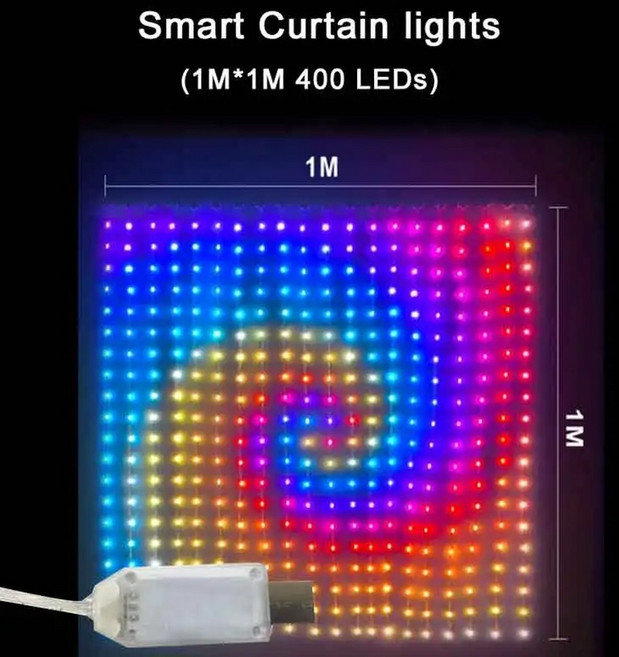 400LED 스마트 커튼 조명 문자열 디스플레이 요정 음악 APP 블루투스 LED RGB 장식 침실 변경 DIY, USB-1x1m 400LEDs, 1. 1x1M-400LEDs / A. USB, 1개