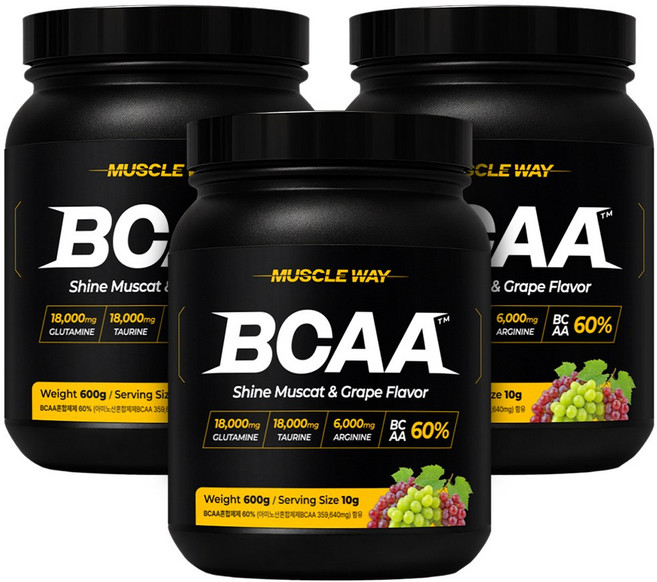머슬웨이 BCAA 글루타민 타우린 헬스보충제 포도맛, 3개, 600g