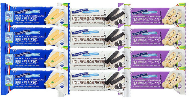 끼리 크림치즈 리얼스틱 케이크 30g 3종 12개(플레인4/블루베리4/쿠키앤크림4), 12개