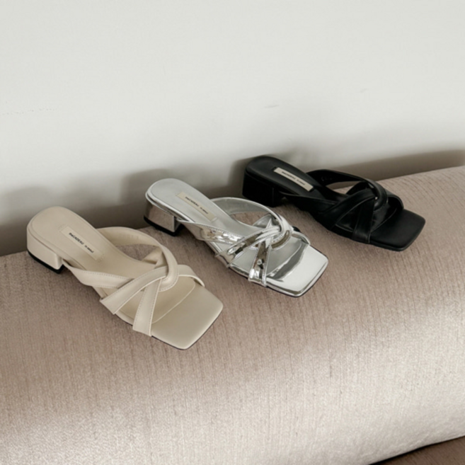 [흔들림적음] 스타일리시 스퀘어 스트랩 꼬임 슬리퍼 유니크 데일리 5cm - gmens