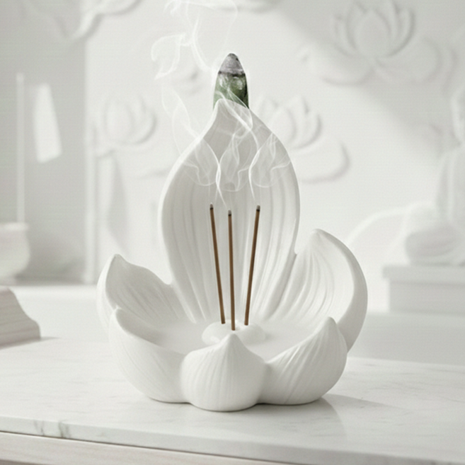 희비키 연꽃 인센스 홀더 받침대 향로 조각상, 화이트
