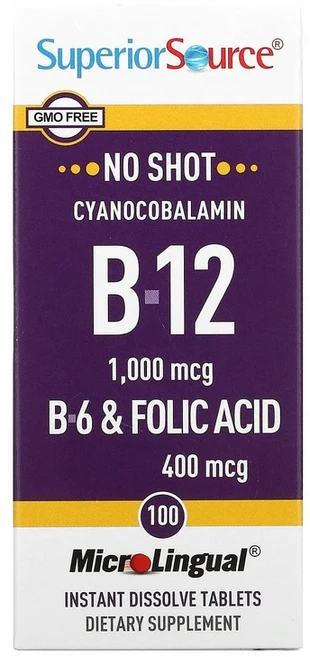 슈페리어소스 비타민 시아노코발라민 B-12 1000mcg B-6 & 엽산 400mcg 타블렛, 1개, 100정 - 쿠팡