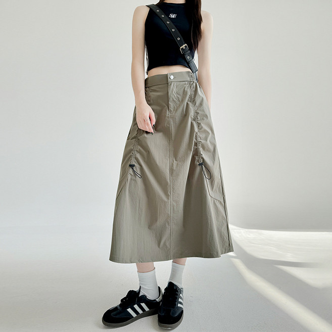 스타일닥터 여성 A라인 밴딩 카고 롱 스커트 체형 커버 포켓 디자인 데일리 통근 캐주얼