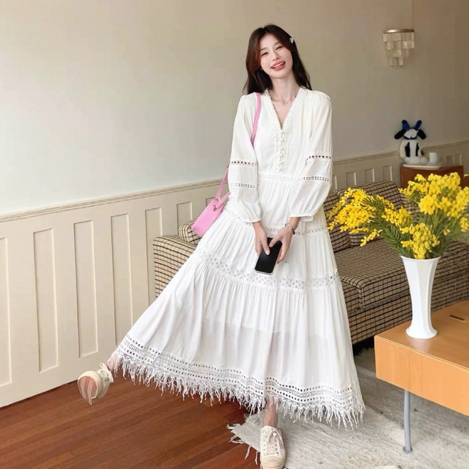 POMTOR 여성 여름 화이트 브이넥 펀칭 레이스 롱 원피스 휴양지원피스