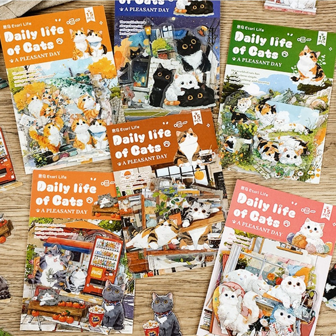 앨리스앤 빈티지 다꾸 스티커팩 고양이의 일상 시리즈 6종, 1개, 블루 (HR435)