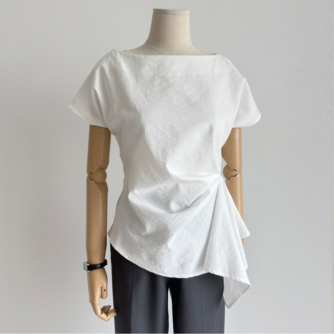 언발 드레이프 블라우스 면 보트넥 셔링 화이트 그레이