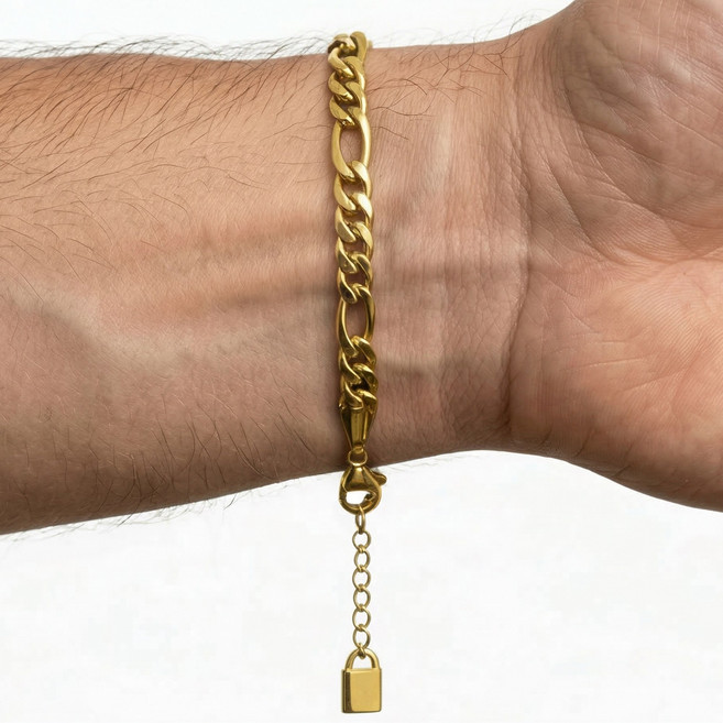 [18K 금도금] 미국 아마존 스테디셀러 르포렘 남자 써지컬스틸 체인 팔찌 18K 골드도금 6mm 피가로 쿠반 커브링크 헤링본 굵은 우정 커플