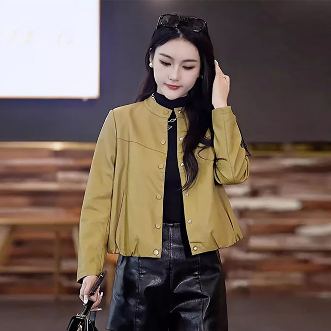지고다그 여성 봄 가을 가죽 자켓 라운드넥 버튼 디테일 짧은 외투 캐주얼 자켓 LJM2015