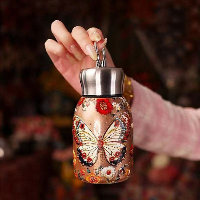새로운 프린트 미니 316 스테인리스 스틸 작은 통통한 보온병 휴대용 선물 컵 야외 포켓 컵, 300ml, 황금나비
