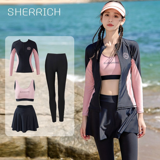 Sherrich 여성 래쉬가드 집업세트 uv차단 4종 세트, 블랙