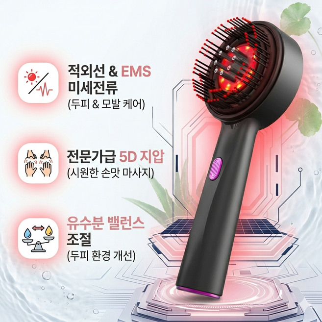 전동 두피 마사지기 LED레 드 라이트 EMS 미세전류 유수분밸런스 두피 마사지기 IPX7방수 헤어 빗, 블랙, WN-02