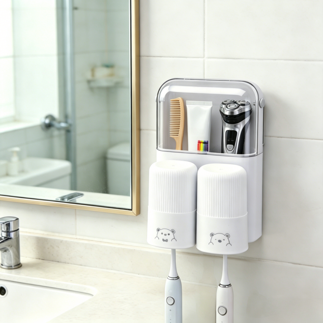 조이보스 무타공 부착식 칫솔걸이+ 양치컵 수납 세트, 화이트，컵 2개, 1세트