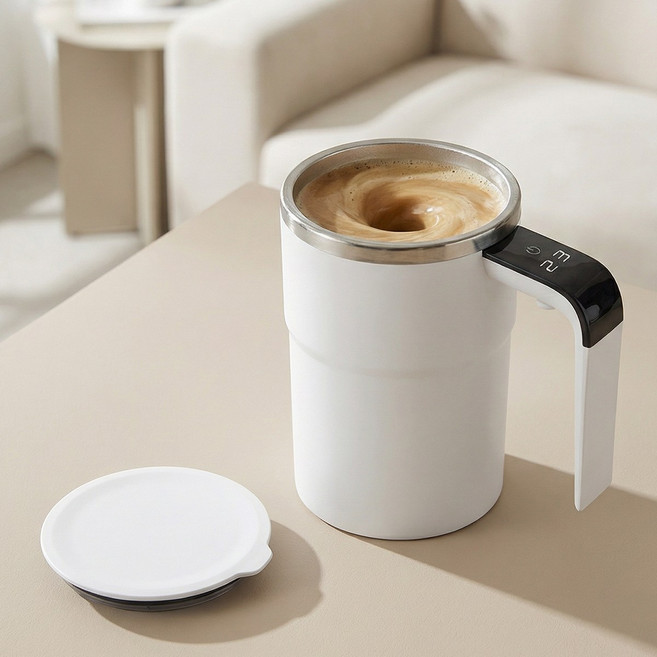 ROYAI ONE 충전식 회전식 믹스컵 원터치 온도 커피컵 회전컵 머그컵, 1개, 흰색