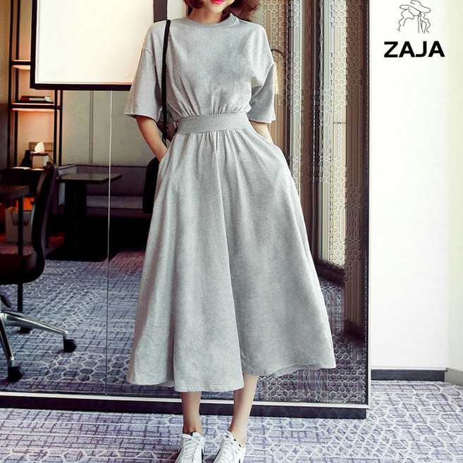 ZAJA 여름 라운드넥 허리밴딩 반팔 롱원피스 베이직 데일리룩