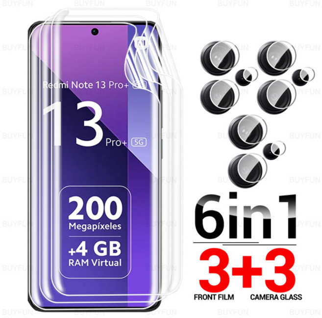 샤오미 레드미 노트 13 14 15 프로 5G 스크린 보호필름 노트13 프로 플러스 15프로 14프로 4G 렌즈 글래스용 6in1 곡면 소프트 하이드로겔 필름, [01] RedmiNote 13 4G, [01] 6in1 3Front 3Lens