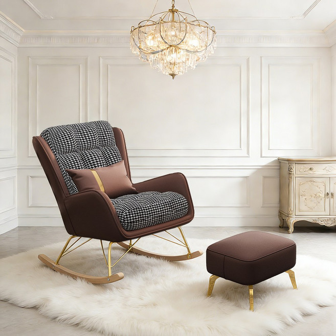 LUXRORO 북유럽 감성 편안한 흔들의자, 1개, 브라운+ 스툴 세트