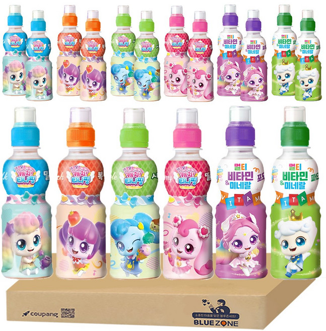 캐치티니핑 음료수 200ml B세트 딸기맛3 사과맛3 복숭아맛3 밀크맛3 멀티비타민 미네랄 음료수 오로라 포도3 왕자 파인애플3, 18개, 200L