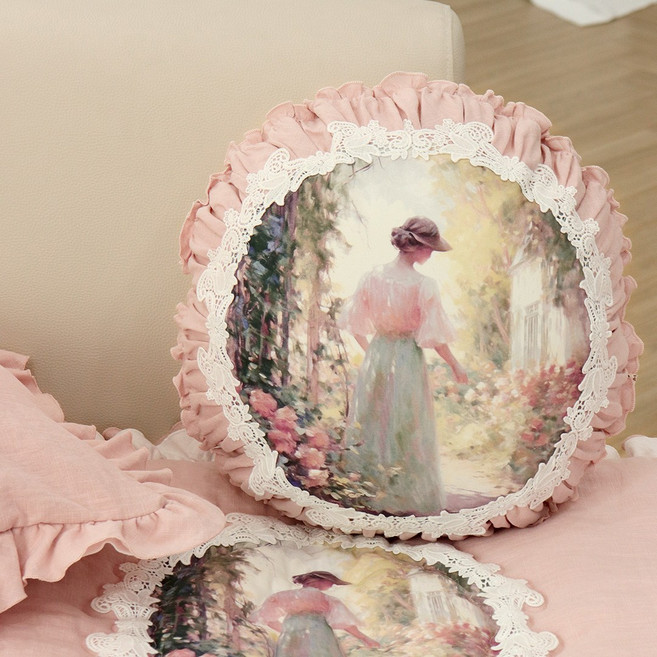 프로방스 린넨 프릴 고급 원형 호박 쇼파 쿠션, 핑크