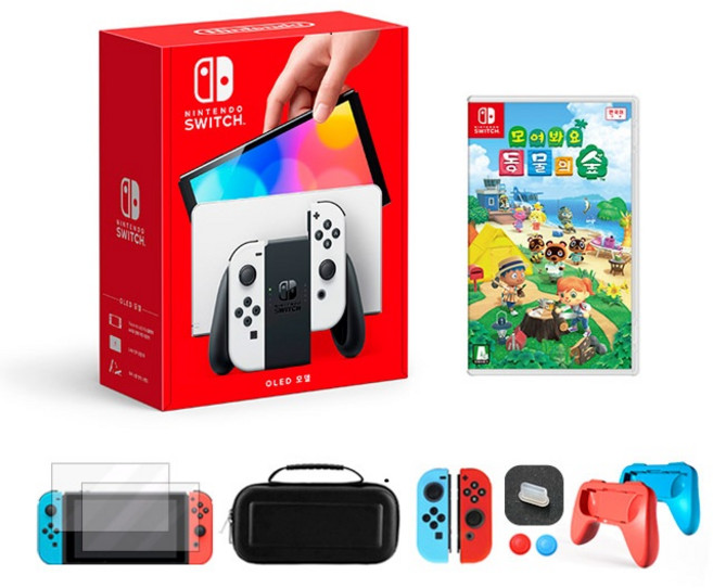 닌텐도 스위치 본체 OLED 화이트+모여봐요 동물의숲+필수 액세서리 풀 패키지, OLED화이트+모여봐요 동물의숲+10개 액세서리 풀세트