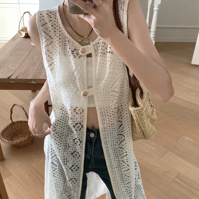 여성 레이어드 레이스 원피스 캐주얼 시스루 민소매 나시 펀칭 원피스 기질 망사 레이스 롱 카디건 원피스 CY