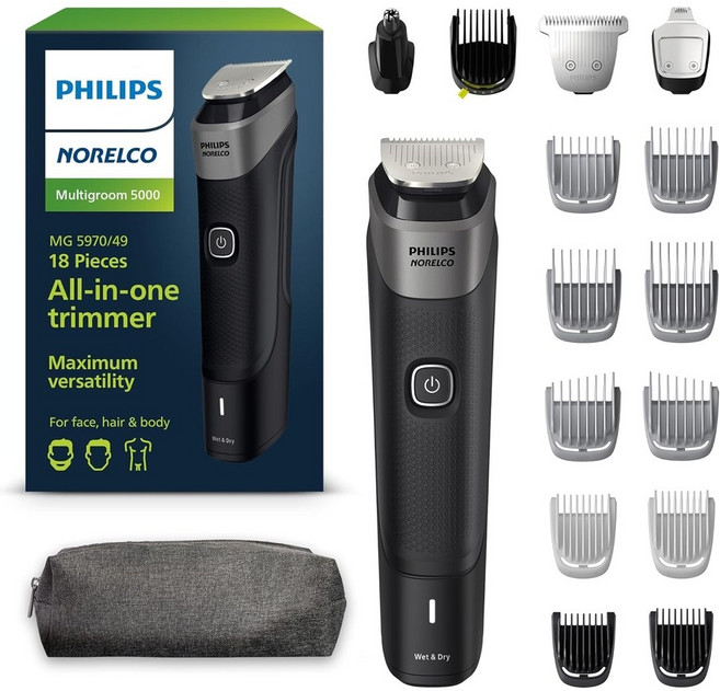 필립스 노렐코 멀티그룸 시리즈 5000 18피스 남성용 턱수염 헤어 바디 트리머, 블랙, MG5750/49 - 18개