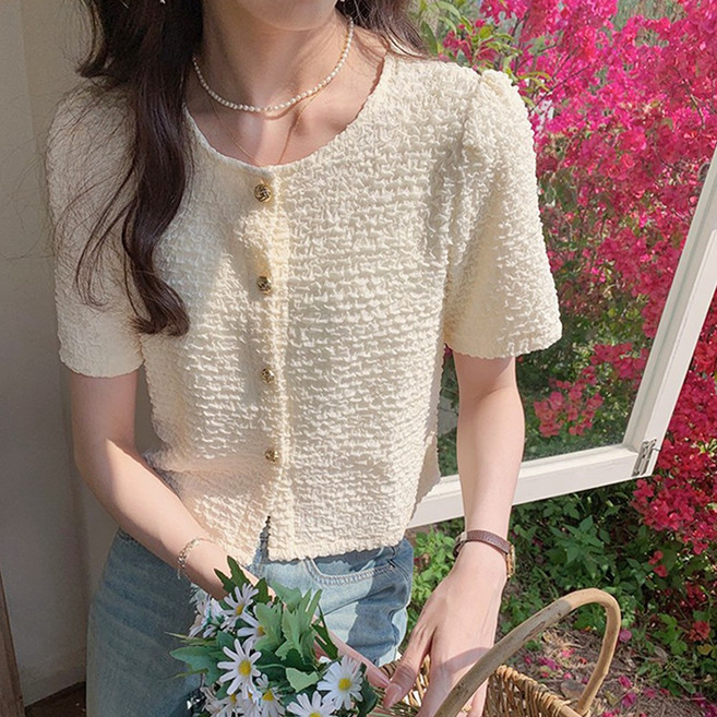 메이킹유 어깨퍼프 라운드넥 크롭 W8777디셀블라우스