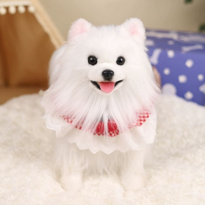 스피츠 인형 포메라니안 리얼 강아지 애착인형 폼피츠 진짜같은 애견 모형 장식, 기본형+레드 체리 넥케이프