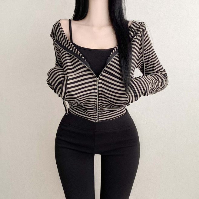 널널한소매 슬림핏 단가라 후드집업