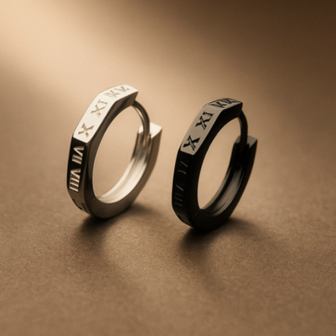 (한 쌍)로마 숫자 음각 육각 링 피어싱 P1367w 패션 남자 귀걸이