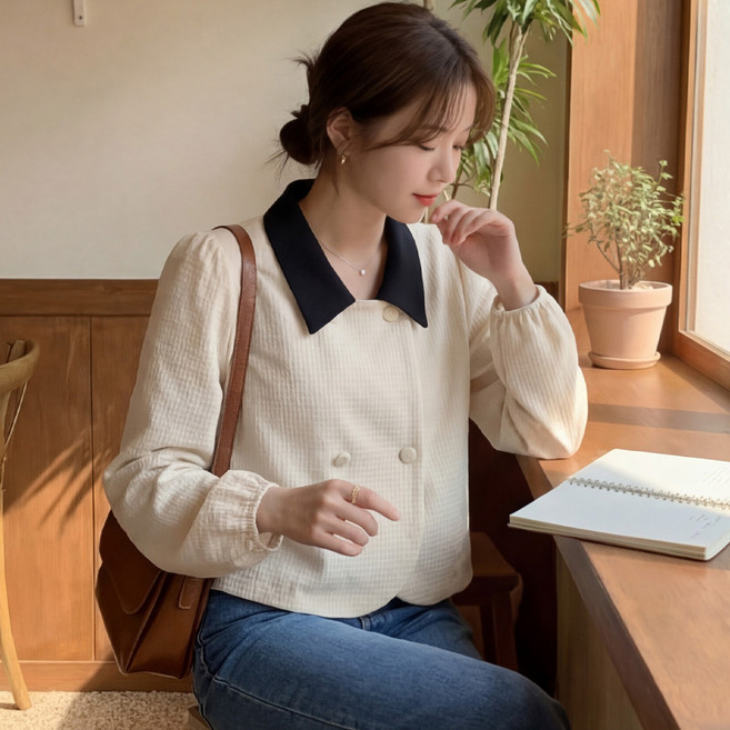 J163-1 아엔버 빅사이즈 여성 배색 카라 숏 자켓 봄가을용