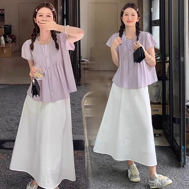 임산부 여름 롱스커트 세트 임부 빅사이즈 라운드넥 반팔 셔츠 + 플리츠 롱치마 캐주얼 임부복 상하의 세트 LCL