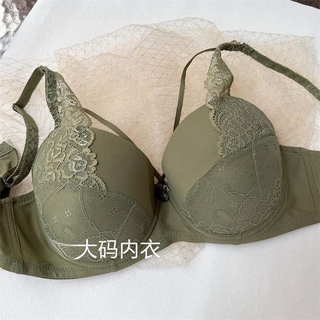 成套內衣褲 交叉細帶美胸內衣 薄款大胸顯小 大碼內衣褲成套, 綠色【軟鋼圈】,配套內褲加購【L-3XL】