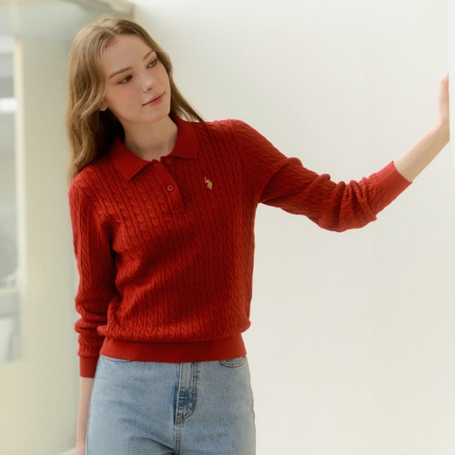 [U.S. POLO ASSN.] 여성 코튼 긴팔 케이블 카라니트_레드
