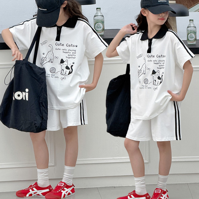 비비키드 여아 여름 주니어 상의 하의 세트 초중생 Cute Cats 고양이 캐릭터 카라 반팔티 반바지 초등생 상하세트 (26295)