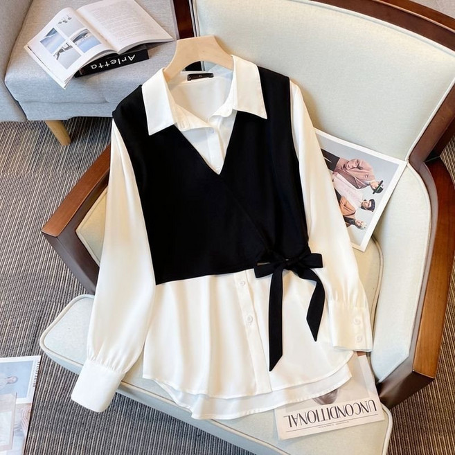 봄 여름 빅사이즈 여성용 프렌치 톱 시크 패치워크 스타일리시 여성용 의류 프렌치 패치워크 페이크 투피스 편안 분위기 고급 느낌 패턴 자신감 셔츠 출근 일상룩