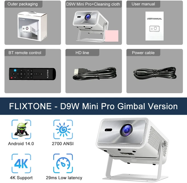 플릭스톤 D9W 미니 프로 2700 ANSI 빔 프로젝터 4K 풀HD 1080P 영화 홈 게임 비디오 안드로이드 스마트, 01 Gimbal Version