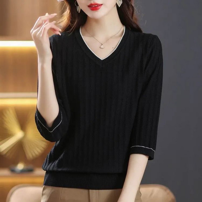 봄 가을 중년 여성 니트 캐주얼 풀오버 상의 루즈핏 엄마 이너 긴팔티 기질 7부 소매 브이넥 니트 스웨터 RSH