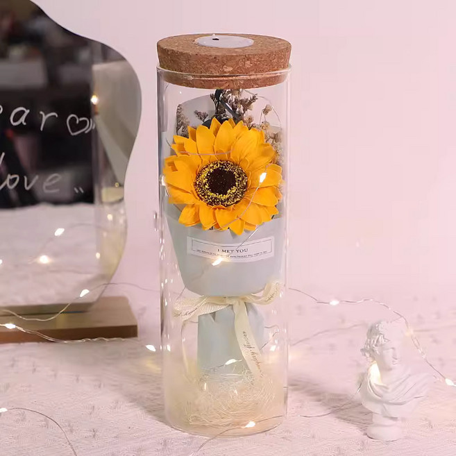 투명 소원병 꽃다발 시들지 않는 꽃 배합 LED무드등 생일 선물 명절 선물, 연청 해바라기