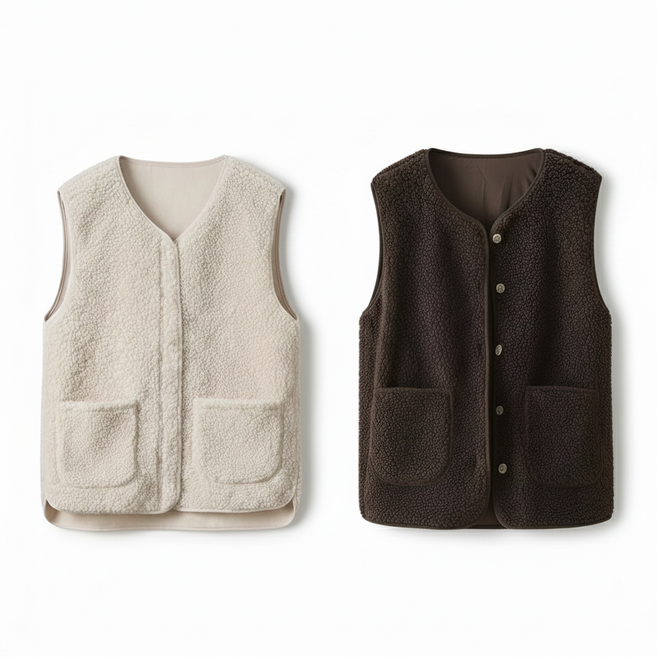 에버뉴 여성 겨울 조끼 단추 뽀글이 양털 포켓 지퍼 베스트 2종 세트