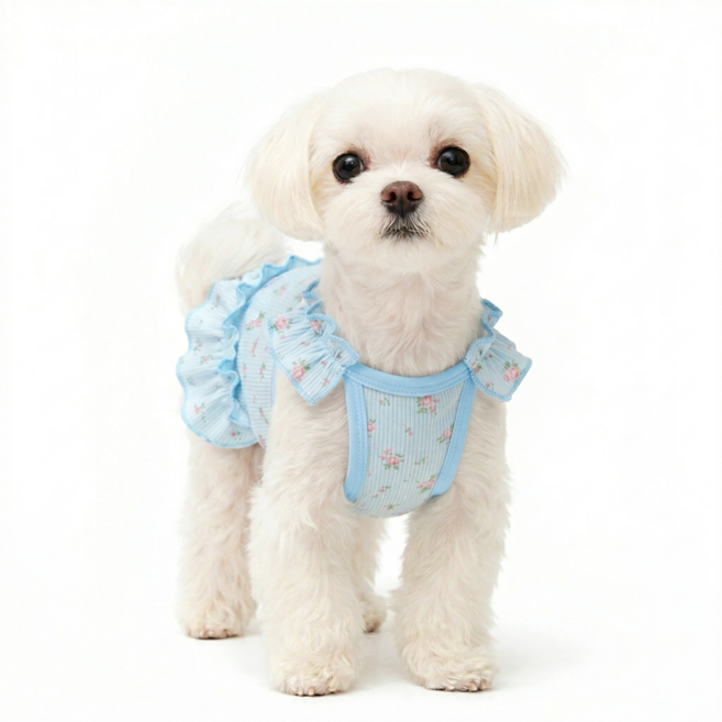 렛츠독 강아지 공주 쭈리 하네스 일체형 나시 원피스 옷, 1개, 블루잔꽃