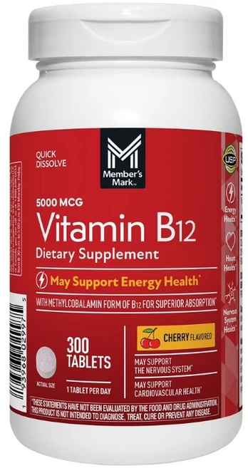멤버스마크 비타민 B12 퀵 디졸브 타블렛 5000mcg 체리맛 고함량 빠른 흡수 B12 보충제, 2개 - 쿠팡