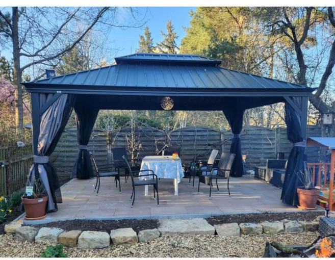 파티오 잔디와 정원을 위한 아연 도금 강철 이중 지붕이 있는 PURPLE 리프 14 X 28 야외 대형 가제보 영구 하드탑 커튼 및 네팅 포함 회색, 12' x 16', Gray, 1개