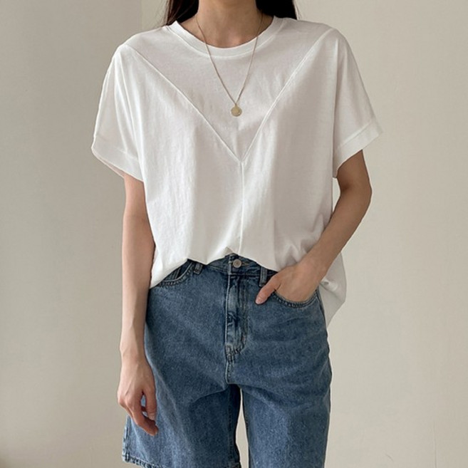 [어반프랑] 메를 브이절개 실켓 코튼 배색 반팔 티블라우스