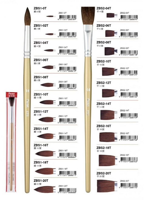 Pentel 飛龍 水彩畫筆 圓頭型 ZBS1 / 平頭型 ZBS2, 1個, 筆刷 圓頭型,6 號, 圓頭型, 6 號