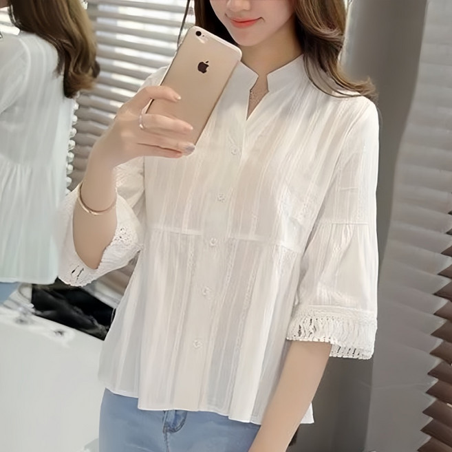 Makone 여성 브이넥 솔리드 상큼 7부소매 블라우스 프린지 캐주얼 데일리 루즈핏 블라우스 스쿨룩